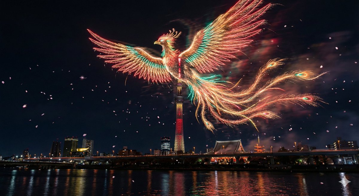 Photorealistic Long-Exposure Fireworks over a City Skyline — example 3