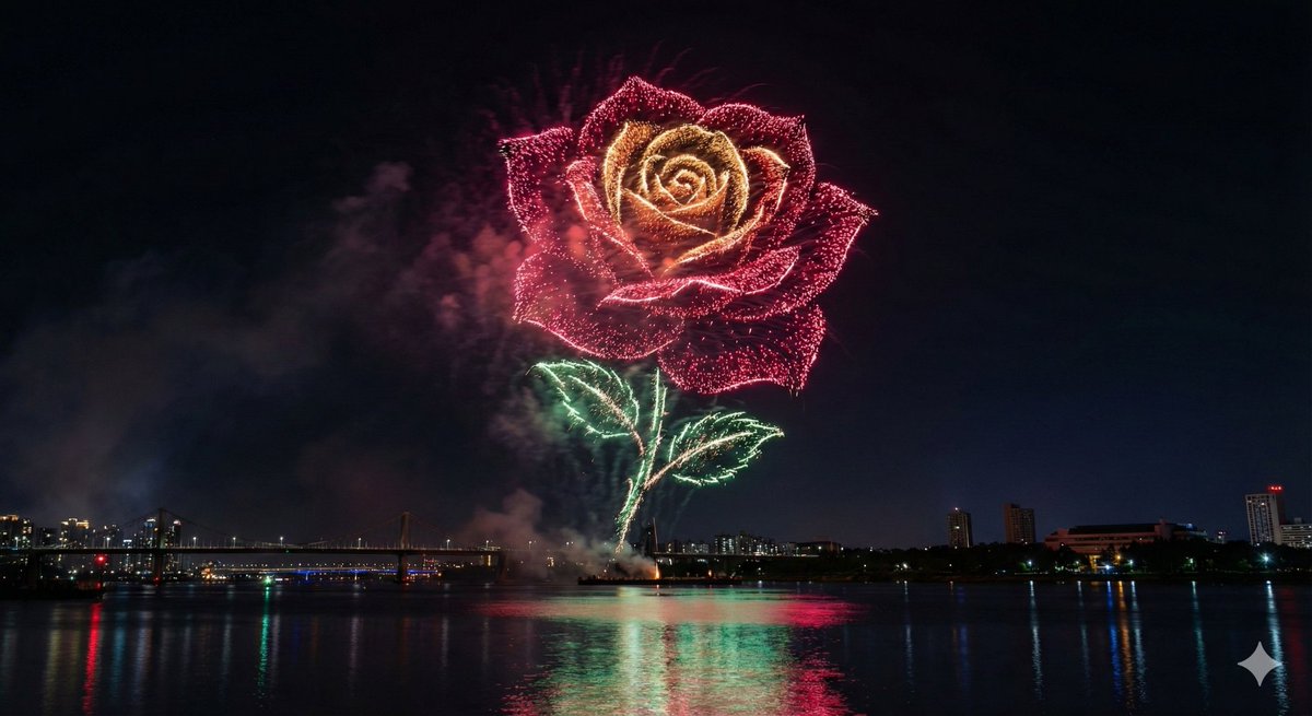 Photorealistic Long-Exposure Fireworks over a City Skyline — example 4