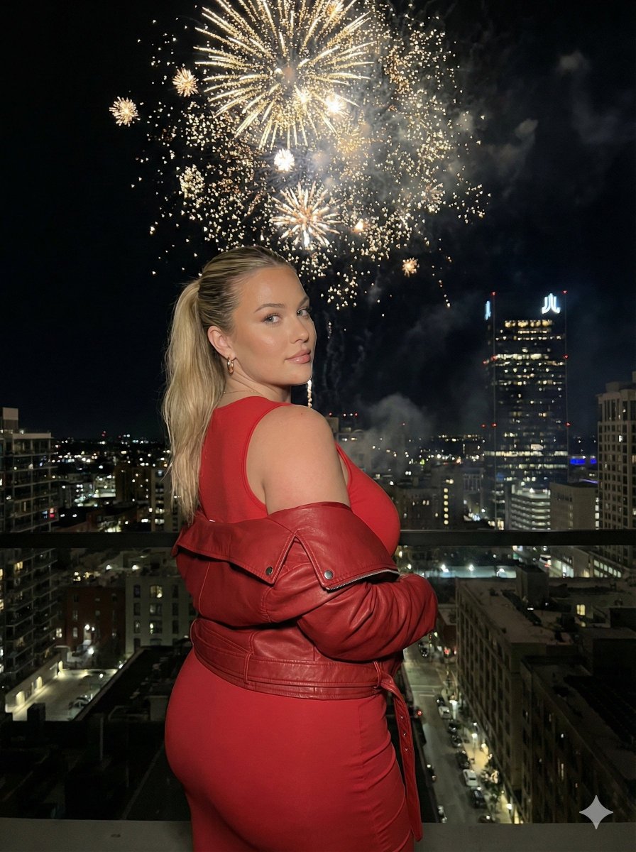 Nighttime Cityscape Portrait with Fireworks — example 1