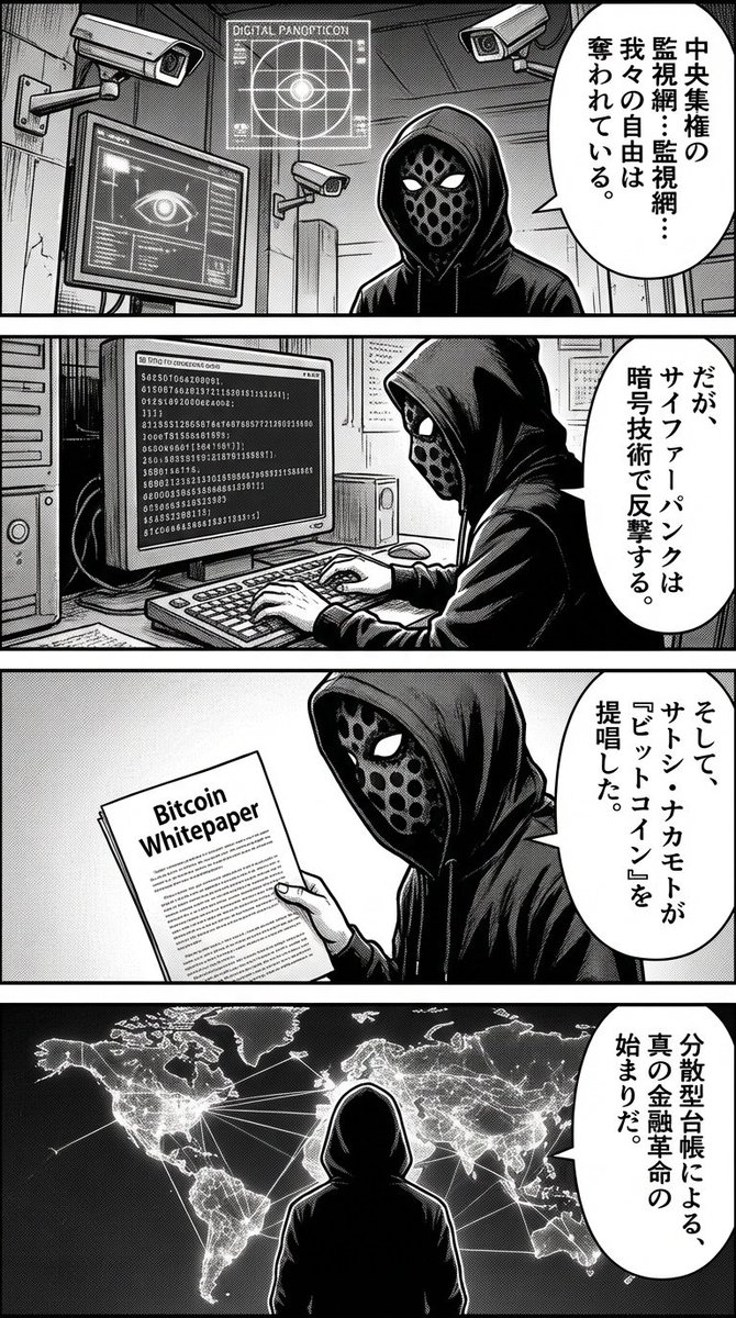 Four-panel manga about Bitcoin from cypherpunk view — example 1