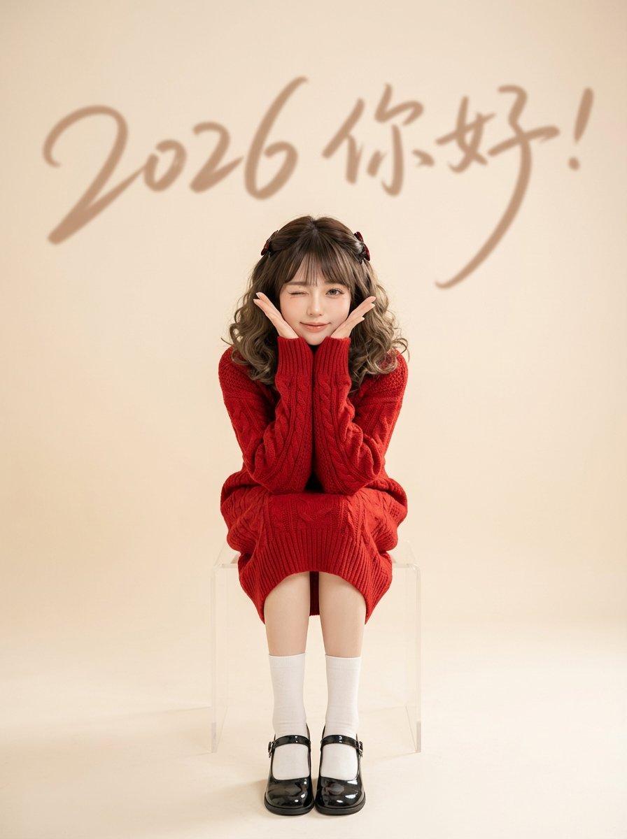 Chinese New Year Portrait with Red Knitwear and Minimalist Studio Look — example 1