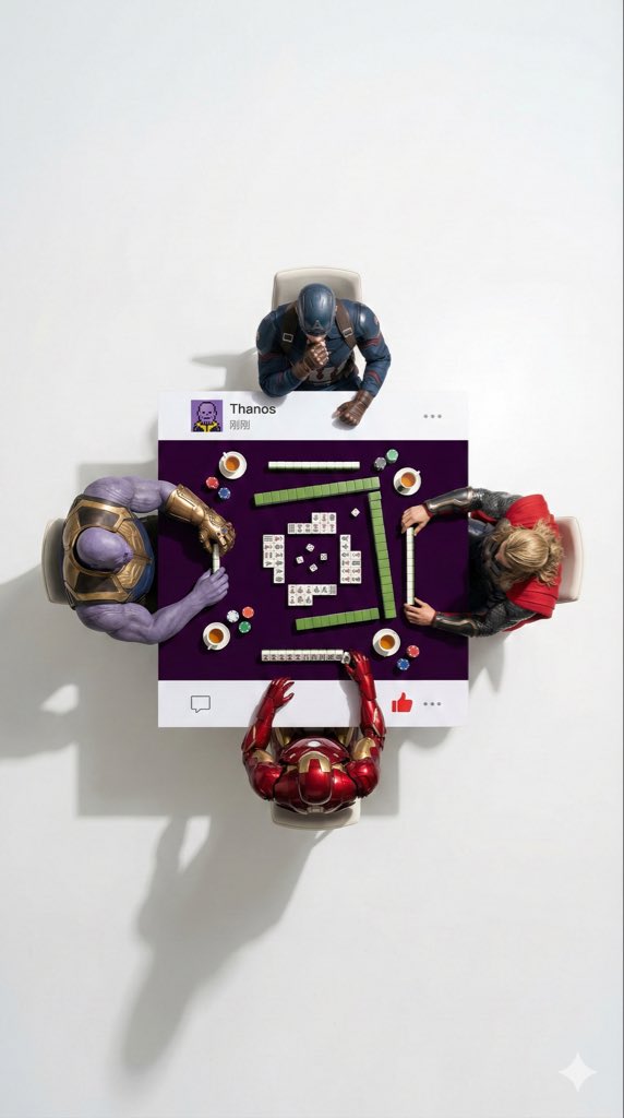 Overhead Superhero Mahjong Scene Prompt (WeChat Moments Style) — example 1