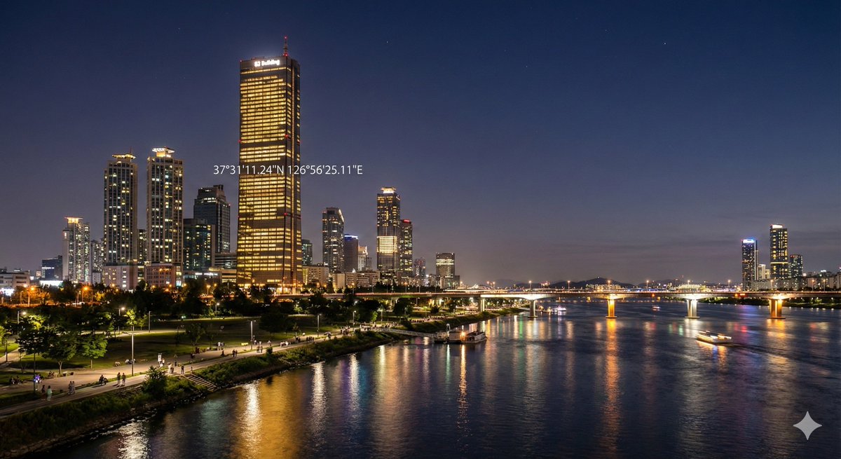 Night view of skyscraper via coordinates — example 1