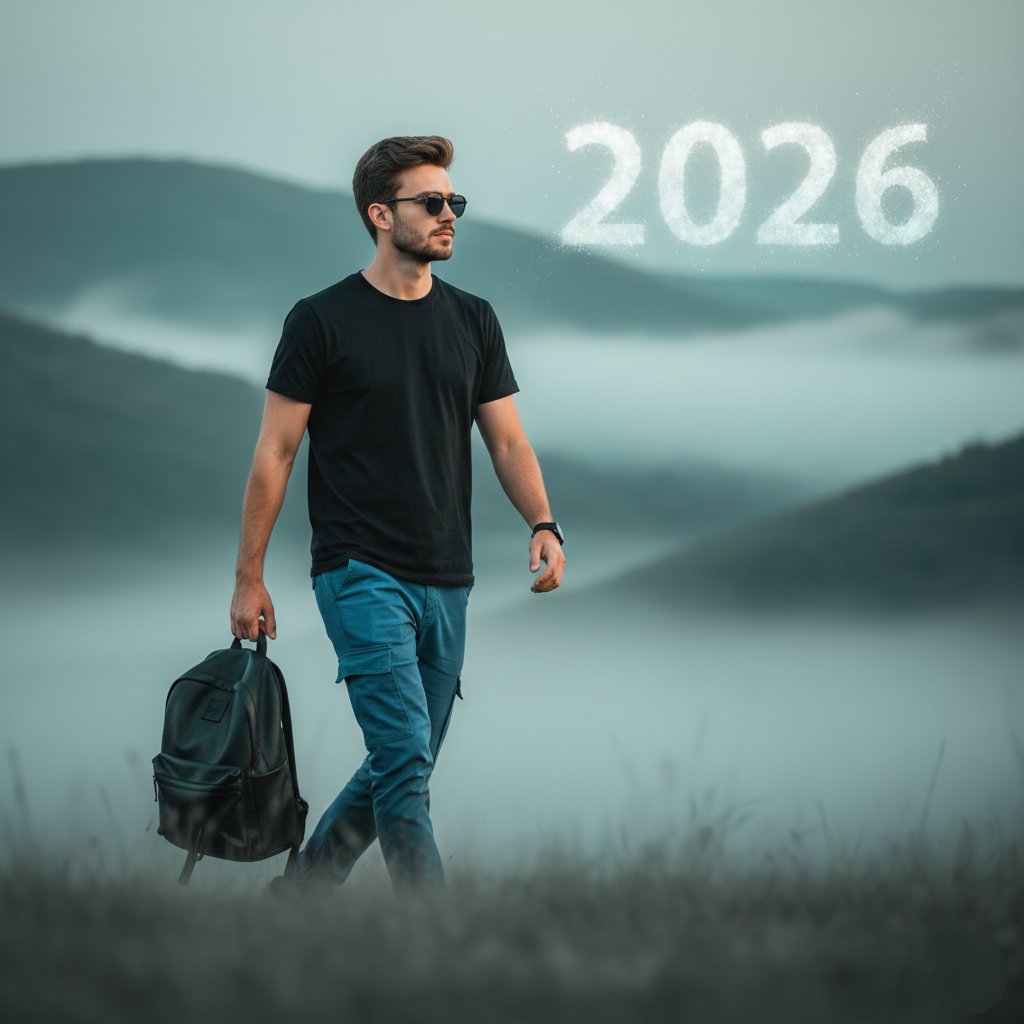 Stylish Person in Cargo Pants Against Ethereal Landscape — example 1