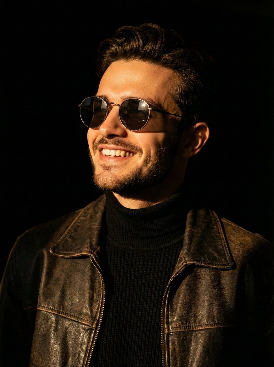 Portrait photo prompt for a man with dramatic side-lighting and specific clothing details — example 1