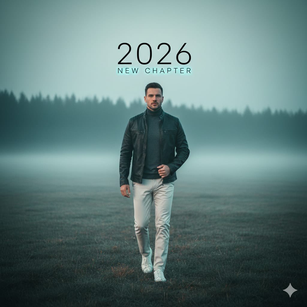 Cinematic Portrait: Man Walking in Foggy Meadow with Typography — example 1