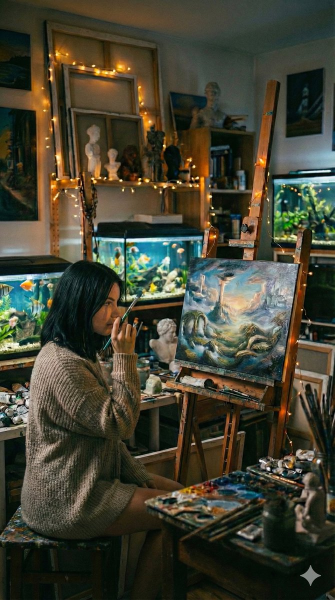 Cinematic Fine-Art Photography of an Artist in Her Studio — example 1