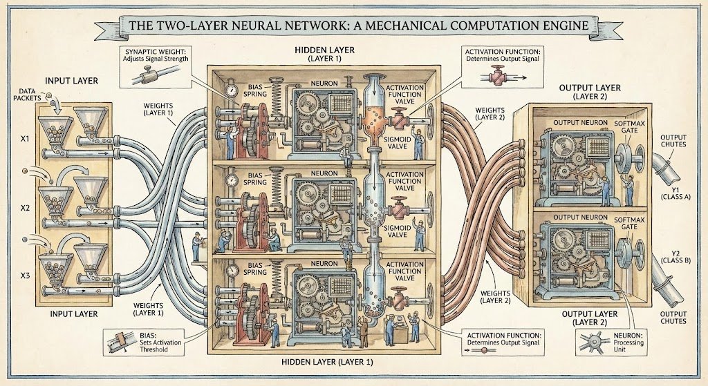 Two-layer neural network diagram in Stephen Biesty style — example 1