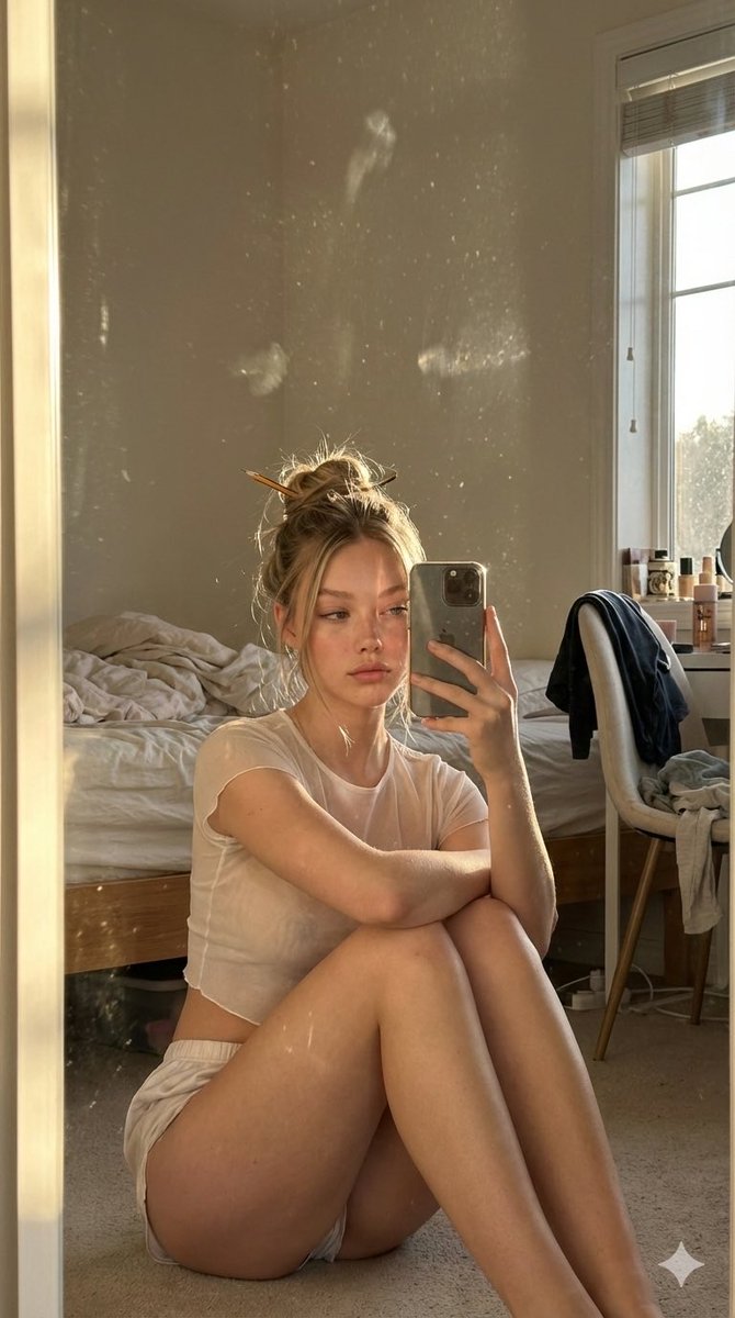Candid Golden Hour iPhone Mirror Selfie in a Messy Bedroom — example 1