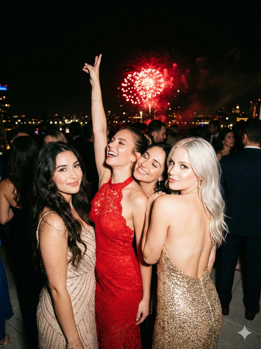 Ultra-Photorealistic Group Portrait: New Year's Eve Party — example 1