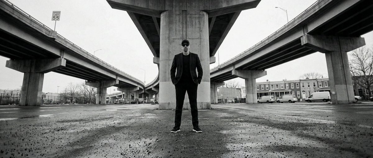 High-Contrast Documentary Photo Under a Brutalist Overpass — example 1