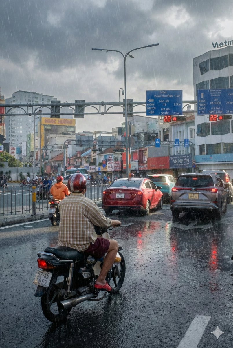 Edit city photo into rainy scene with Vietnamese bikers — example 2