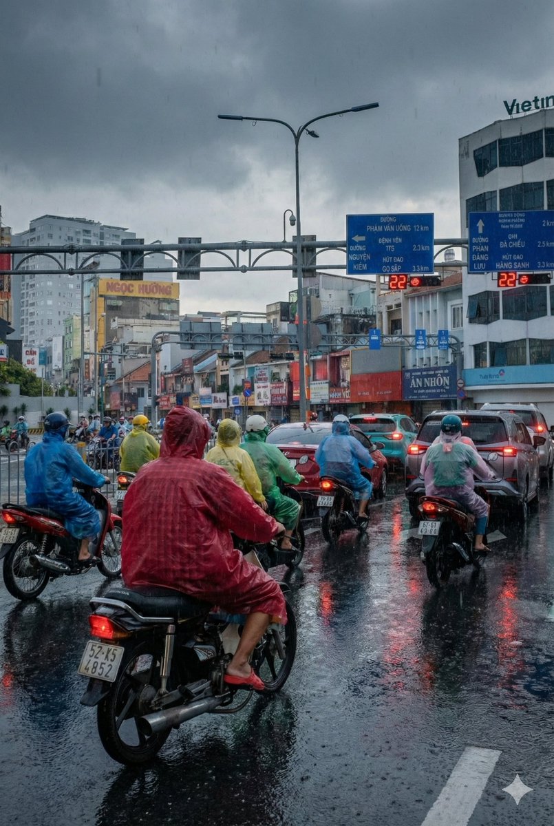 Edit city photo into rainy scene with Vietnamese bikers — example 3