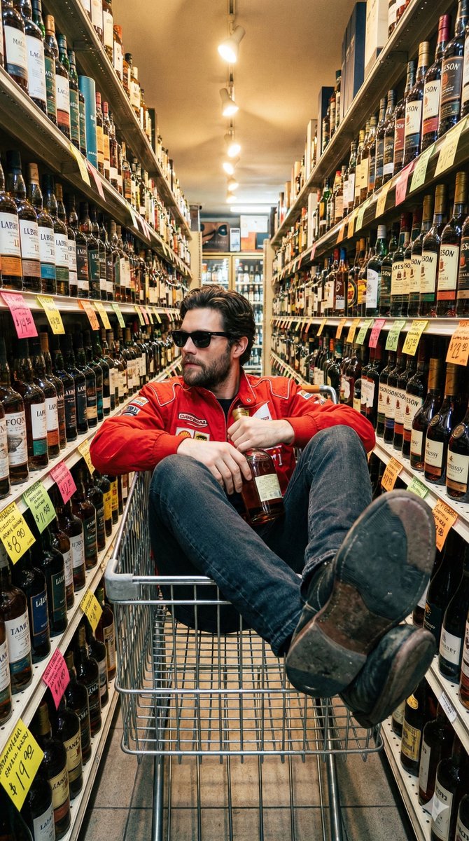 Unfiltered Smartphone Photo of Man in Shopping Cart in Liquor Store — example 1