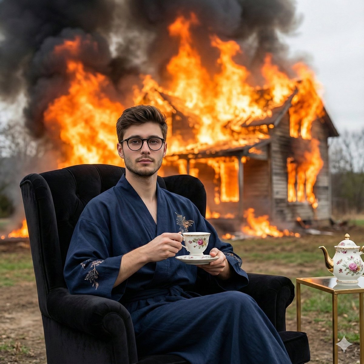 Documentary-Style Photo of Man in Robe with Burning Farmhouse — example 1