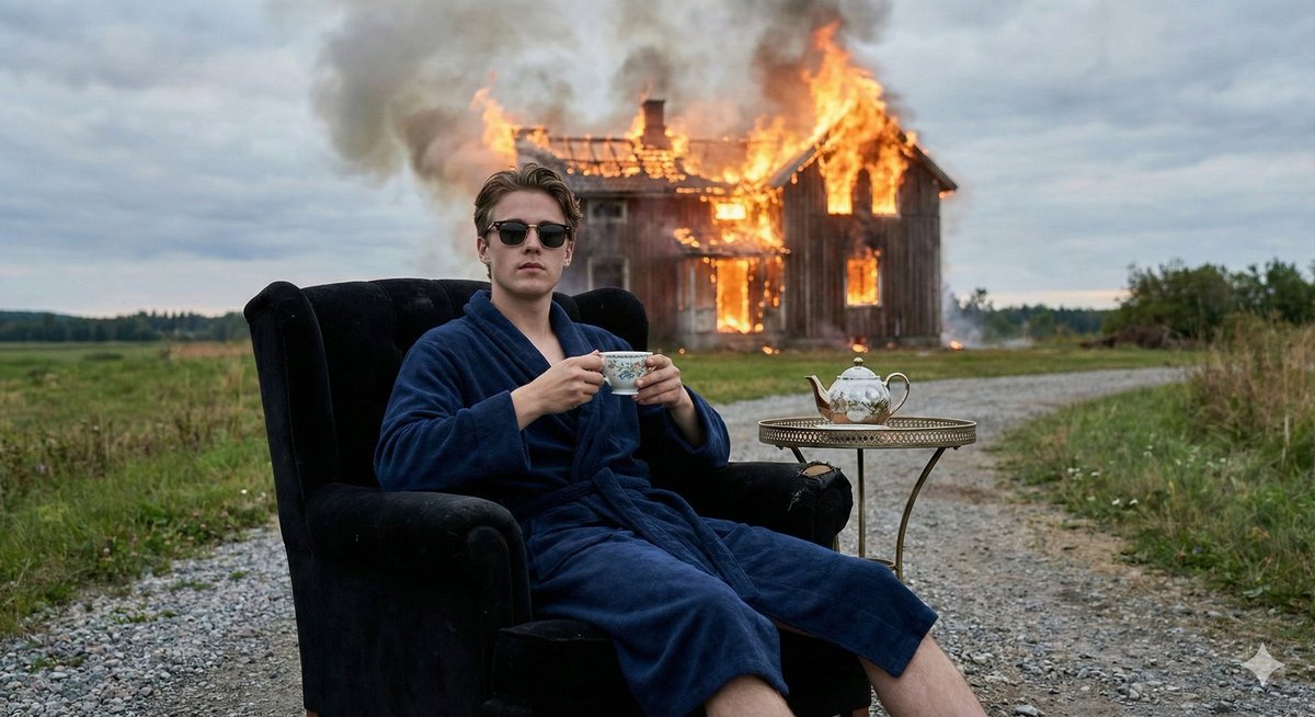 Documentary-Style Photo of Man in Robe with Burning Farmhouse — example 2