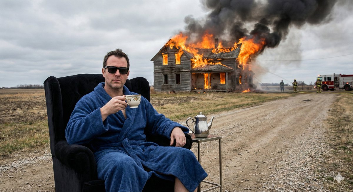 Documentary-Style Photo of Man in Robe with Burning Farmhouse — example 3
