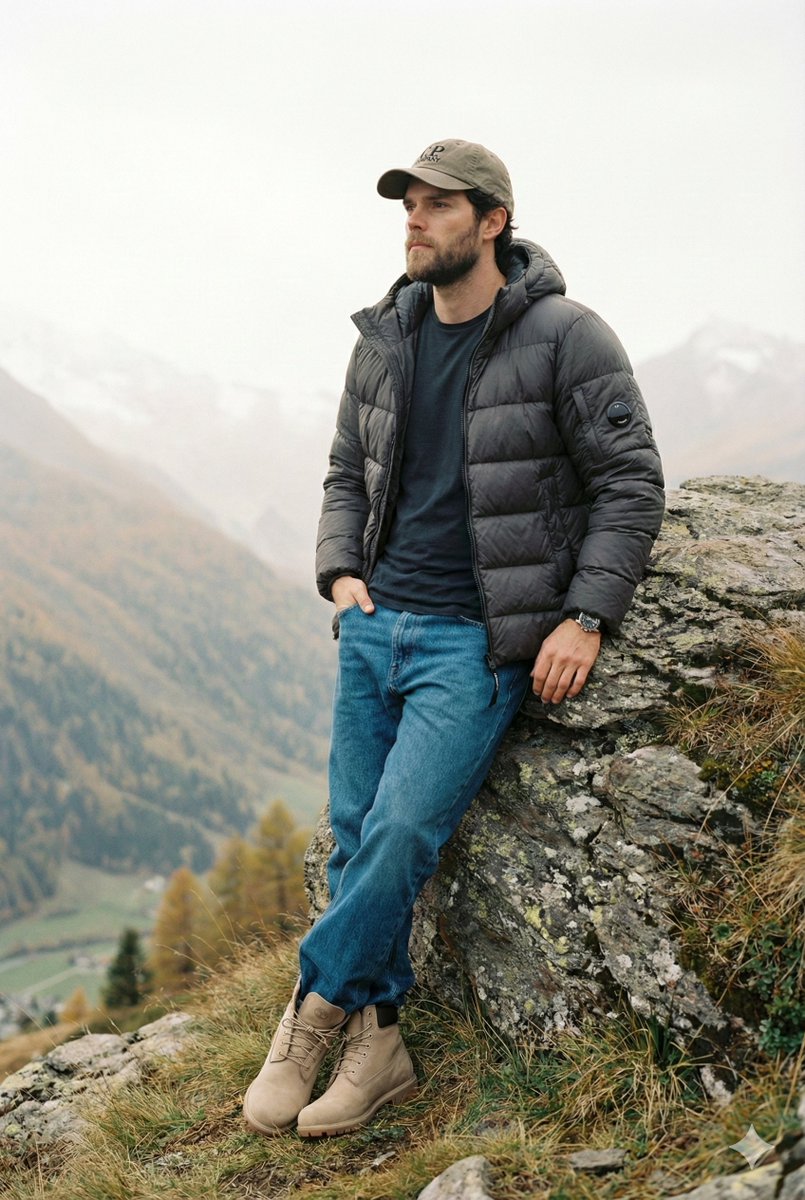 Cinematic Fashion Editorial Image Prompt for Male Subject in Swiss Alps — example 2