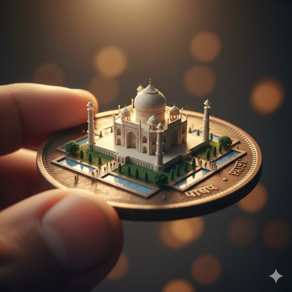 Macro Realism: Miniature Taj Mahal on a Vintage Indian Coin — example 1