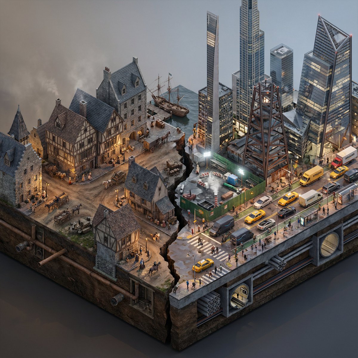 Split-Era Urban Diorama Generation Prompt for Nano Banana Pro — example 1