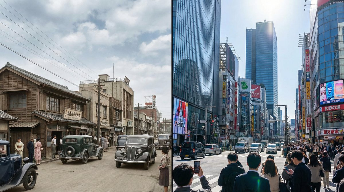 Split-screen time-lapse of same location by coordinates — example 1