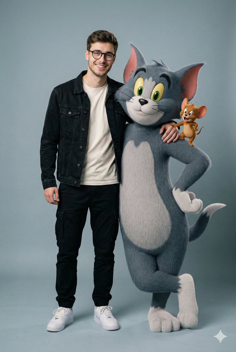 Hyper-realistic image prompt featuring a person with Tom and Jerry in a studio setting — example 1