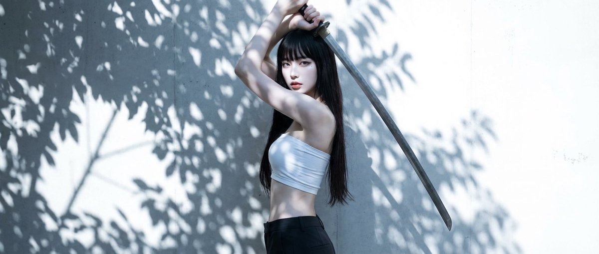 High-Contrast Japanese Beauty Portrait with Katana Pose — example 1