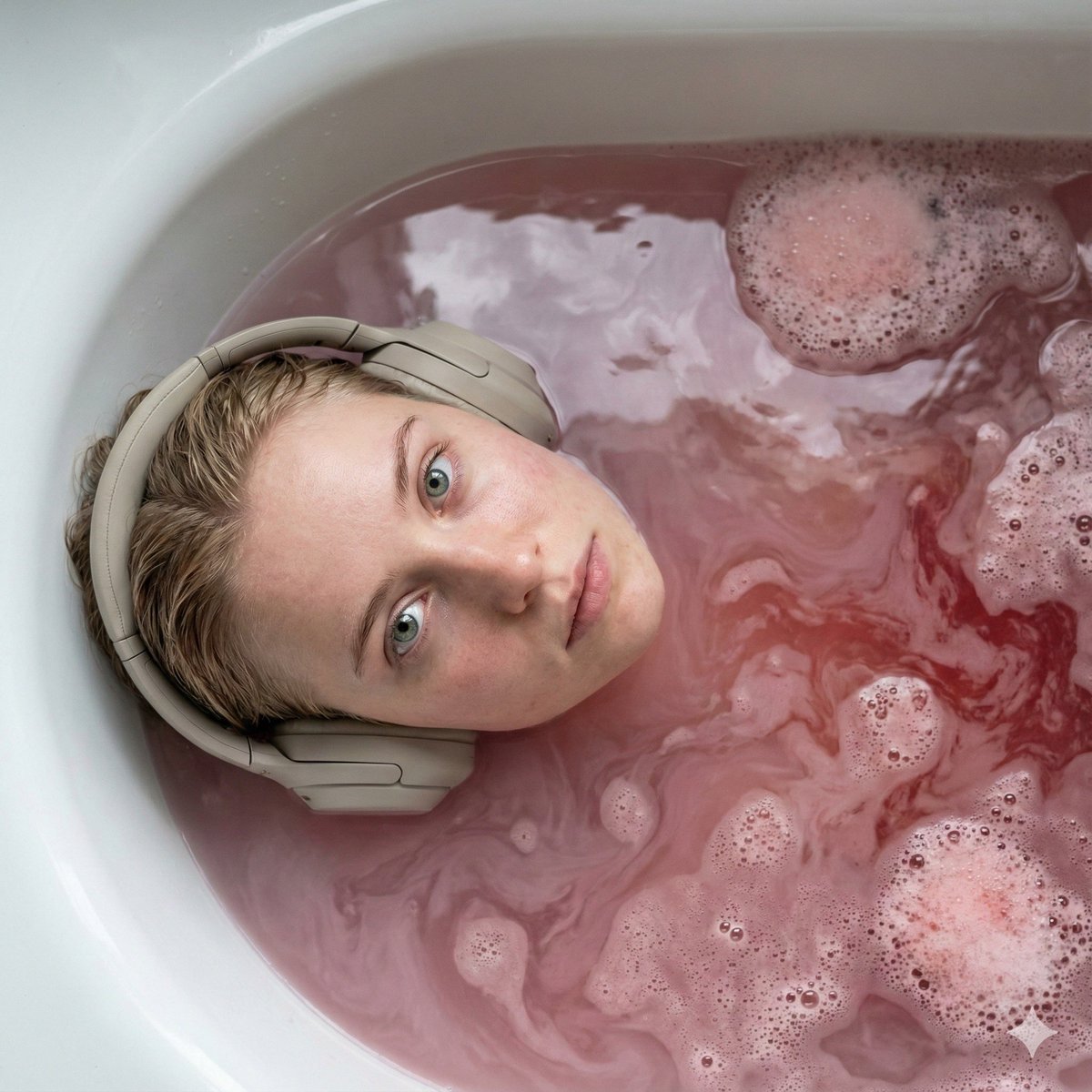 Ultra-Photorealistic Cinematic Portrait in a Bathtub with Noise-Canceling Headphones — example 1