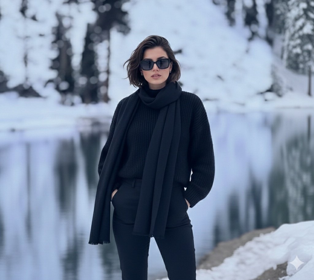 Photorealistic portrait of a stylish woman in a snowy landscape — example 1