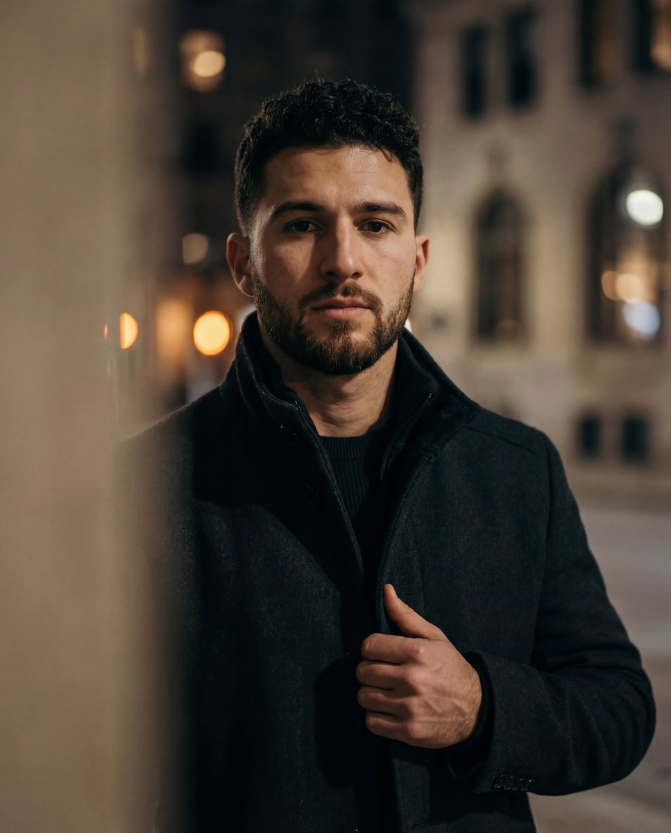 Cinematic low-key urban portrait prompt — example 1