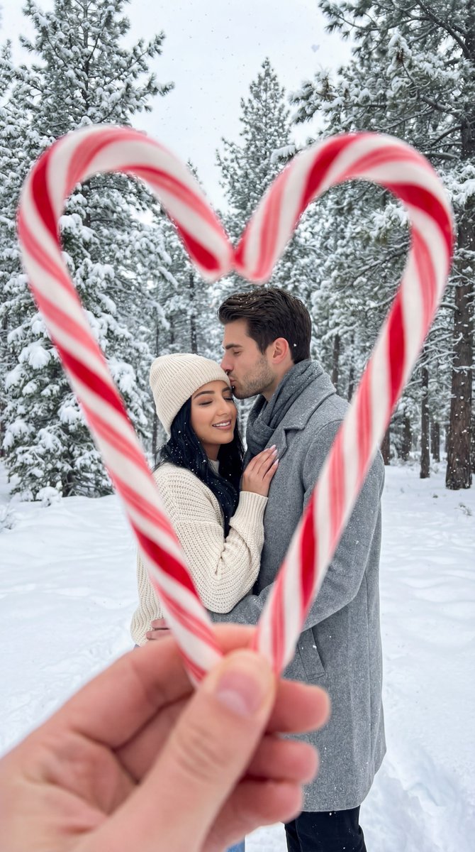 Photoreal Winter Couple Portrait with Candy Cane Frame — example 1
