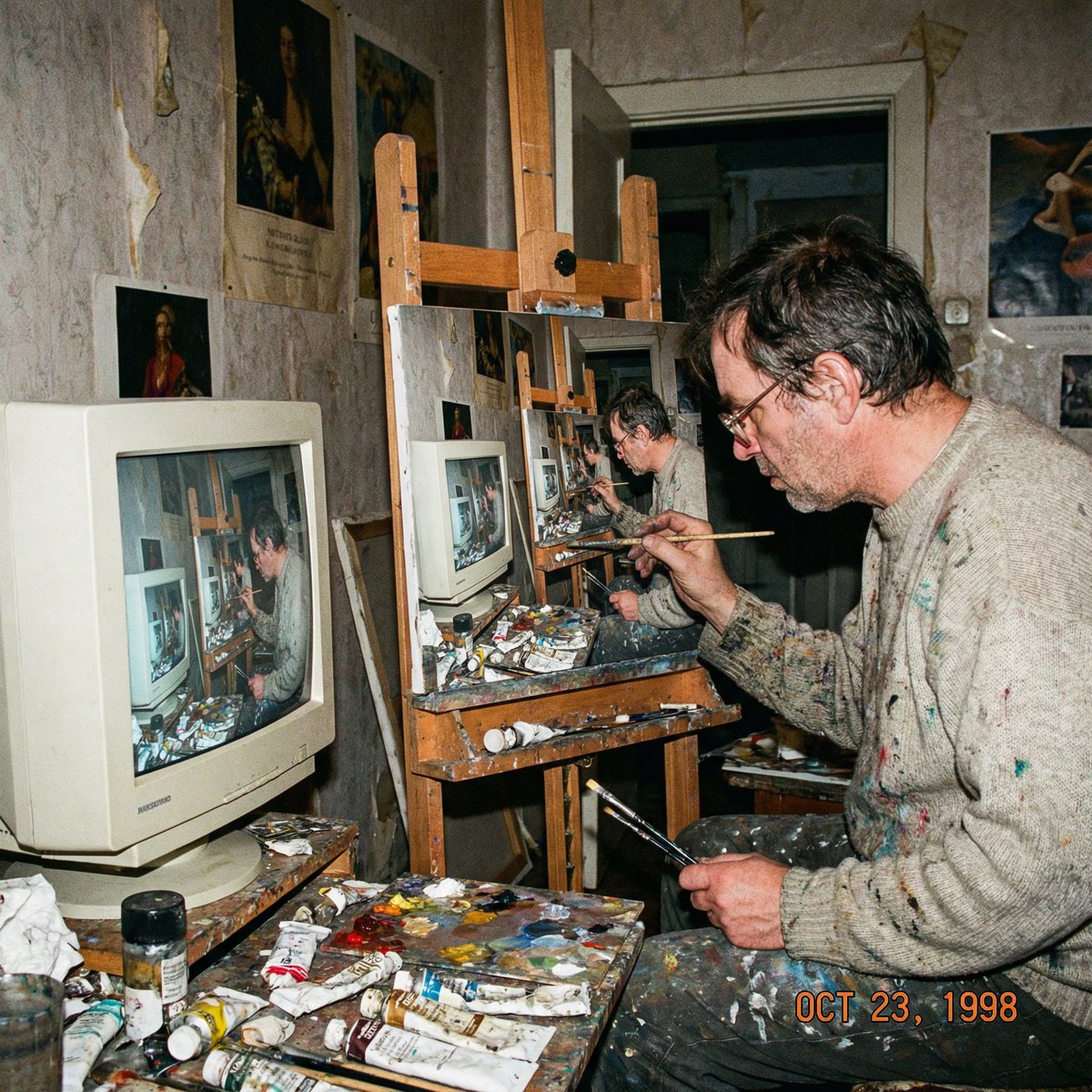 Recursive artist painting a photo of himself painting — example 1