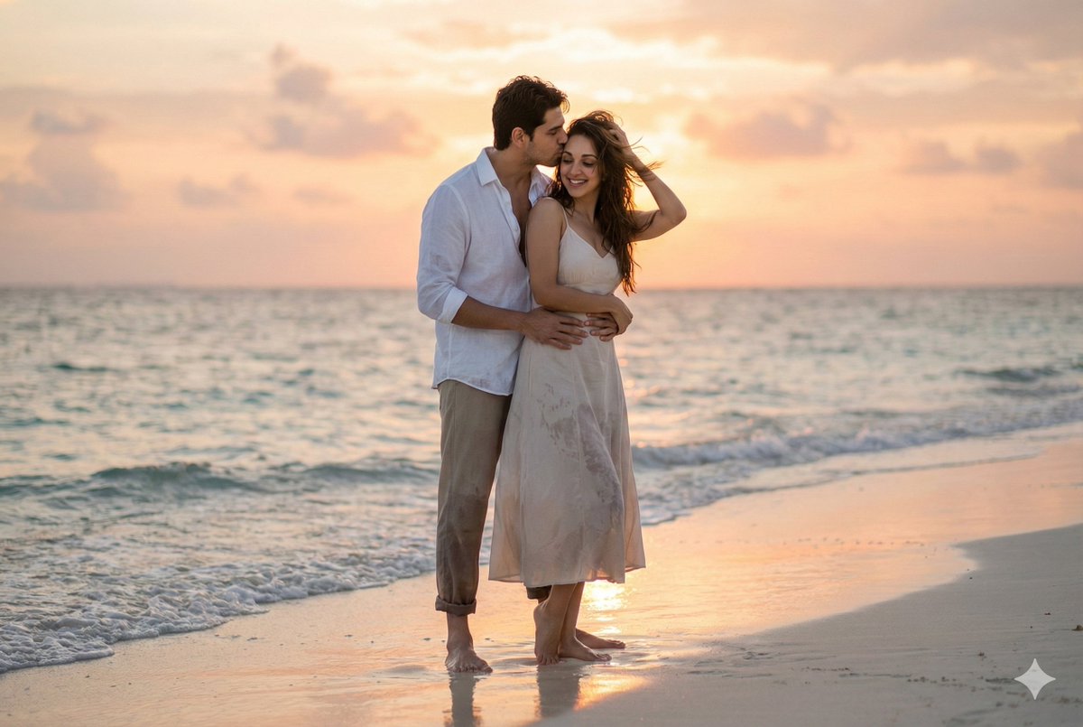 Couple Portrait Prompts (Indian Wedding, Tropical Beach) — example 2