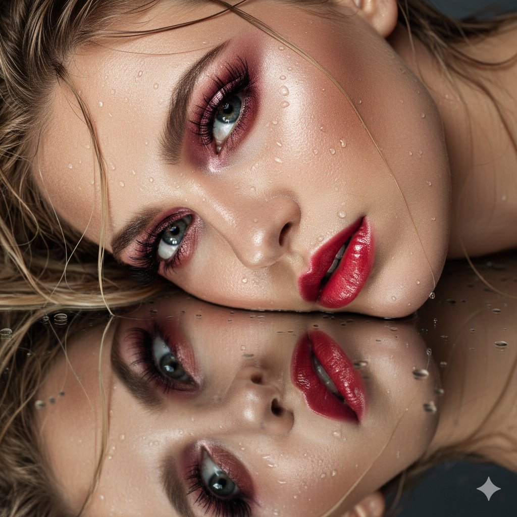 Ultra-Closeup Wet Reflection Couture Beauty Portrait — example 1