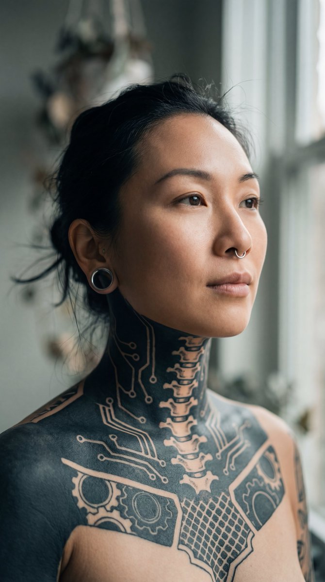 Intimate Portrait of East Asian Woman with Extensive Blackout Tattoos — example 1