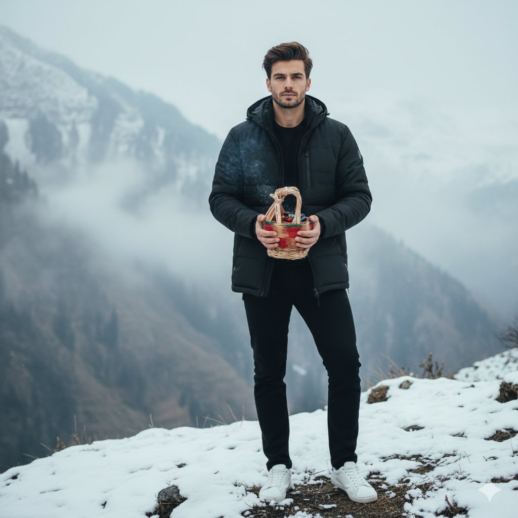 Moody Cinematic Portrait on Snowy Mountain Ridge — example 1
