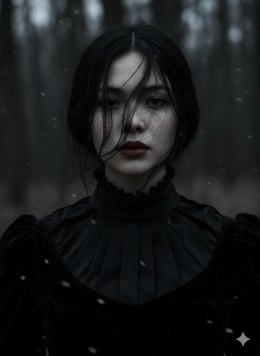 Gothic Ethereal Portrait in Snowy Forest — example 1