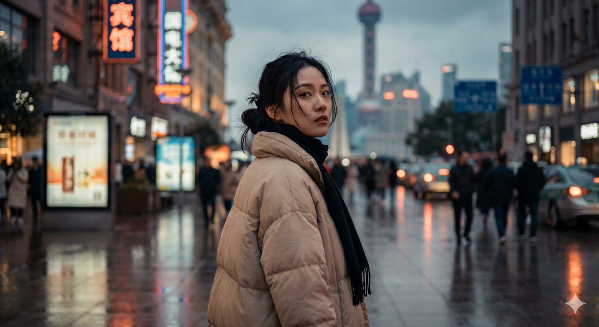 Cinematic Urban Portrait of a Young Woman in Shanghai — example 1