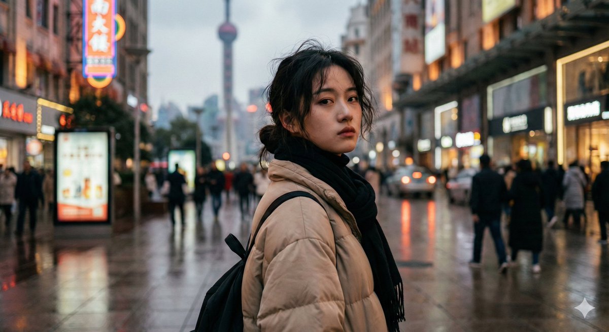 Cinematic Urban Portrait of a Young Woman in Shanghai — example 2