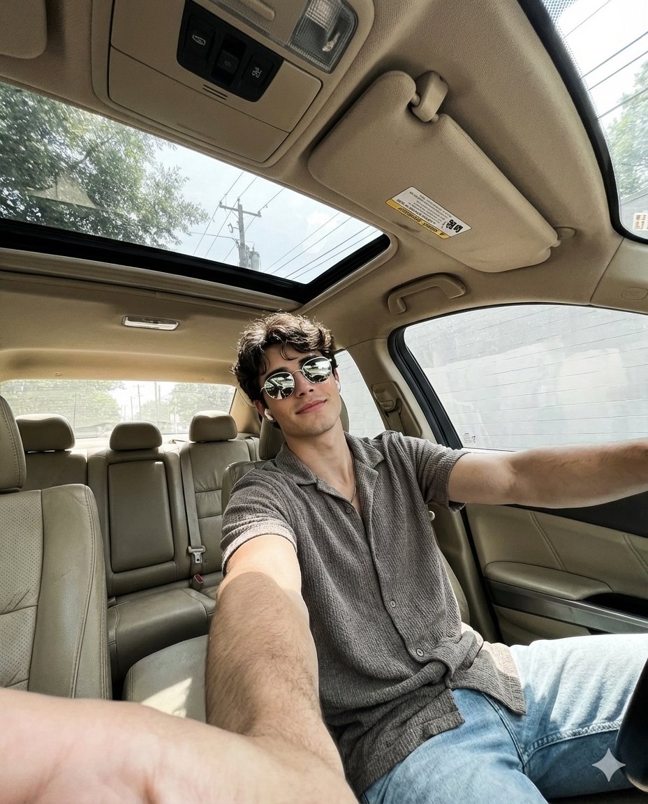 Wide-Angle Car Selfie Replication Prompt — example 2