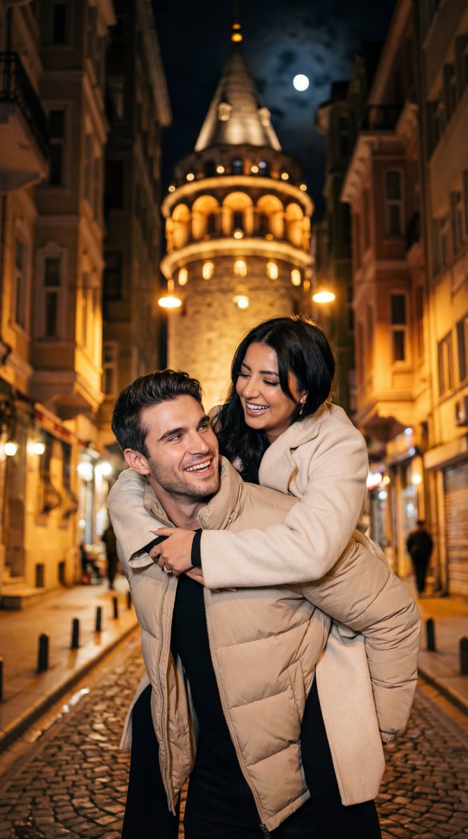 Romantic Nighttime Piggyback in front of Galata Tower — example 1