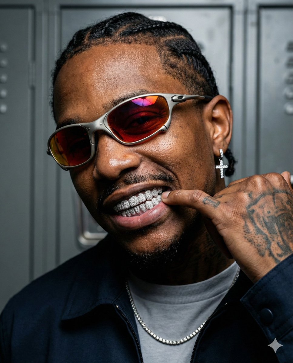 High-Contrast Sports Editorial Portrait with Grillz and Oakley — example 1