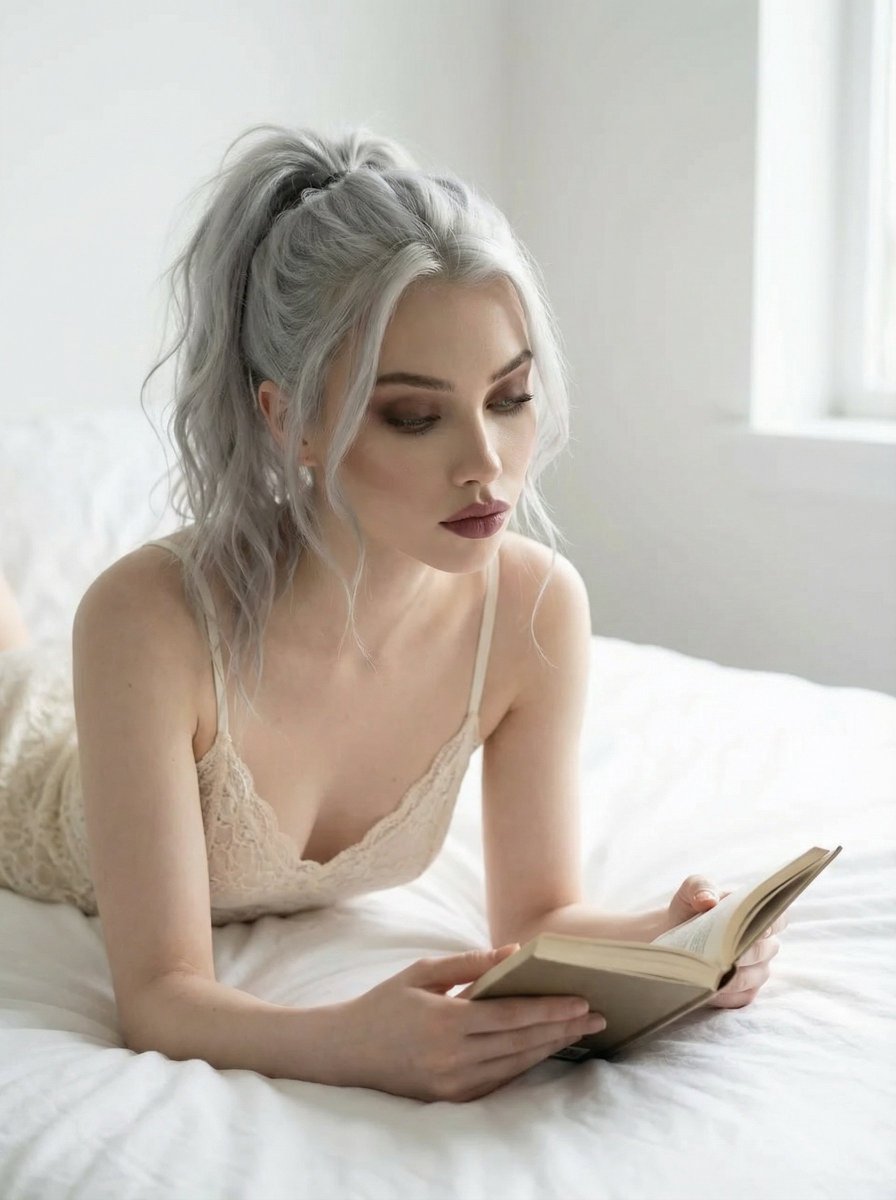 Editorial Portrait of Woman Reading on White Bed — example 1