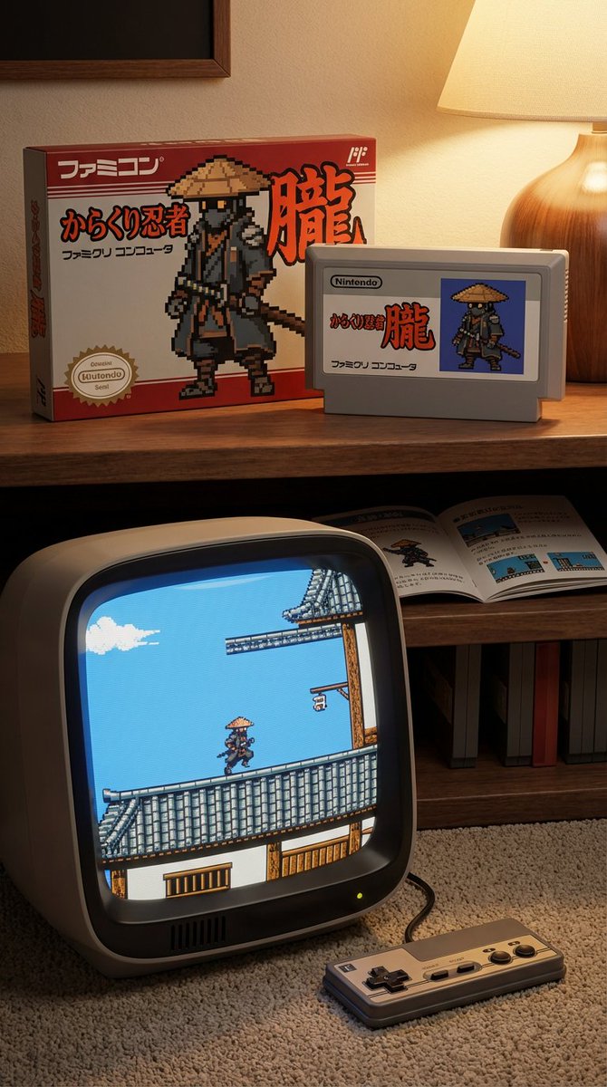 Famicom game box, cartridge, manual, and CRT screen (Japanese) — example 1