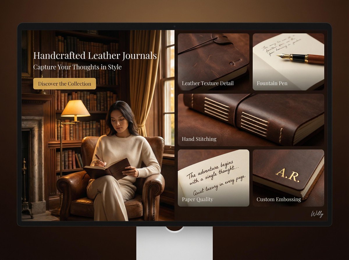Landing Page Design for Leather Journals (Split Screen) — example 1