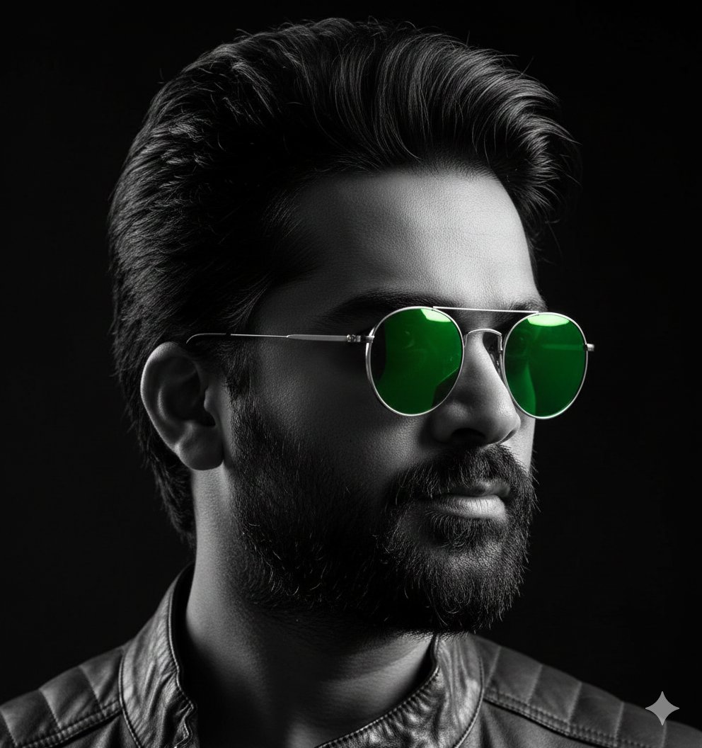 Cinematic B&W Portrait with Selective Emerald Color — example 1