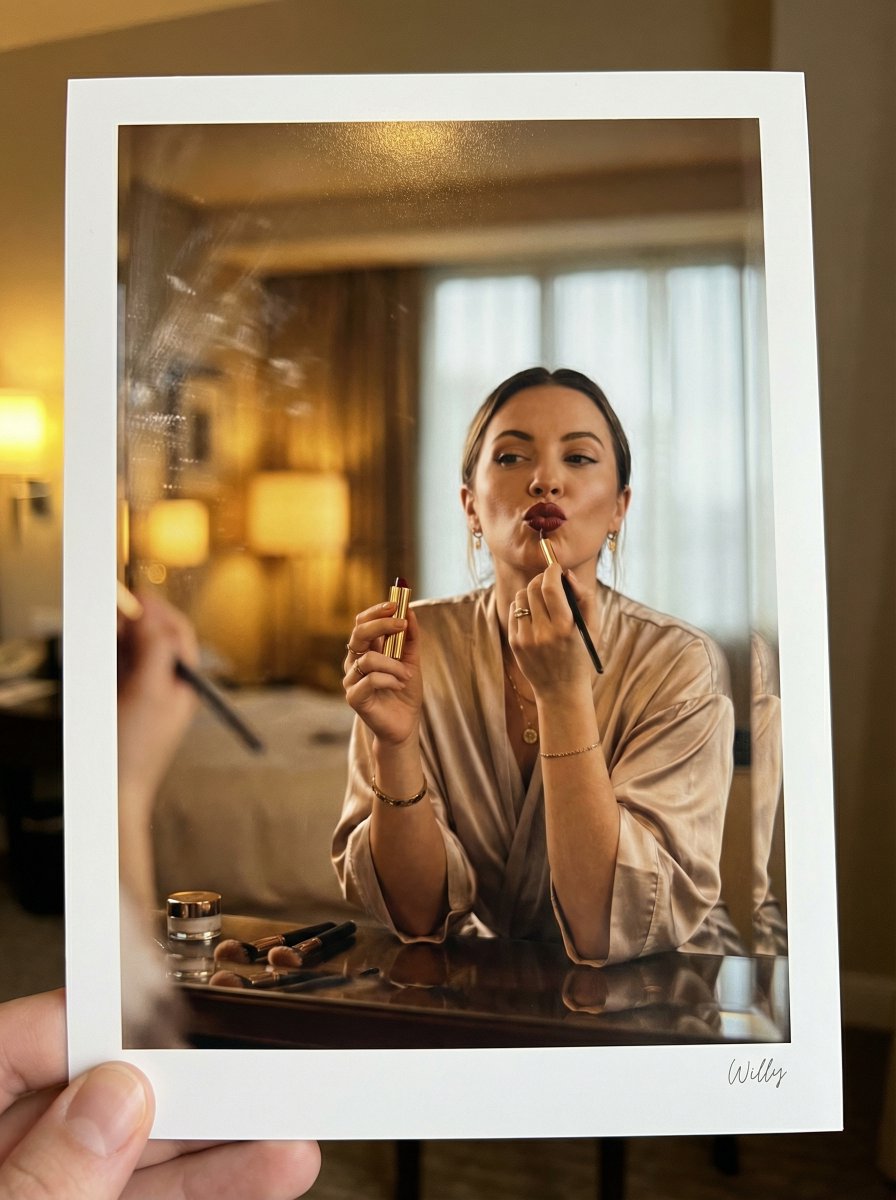 Glamorous Makeup Mirror Reflection Editorial Shot Prompt — example 1