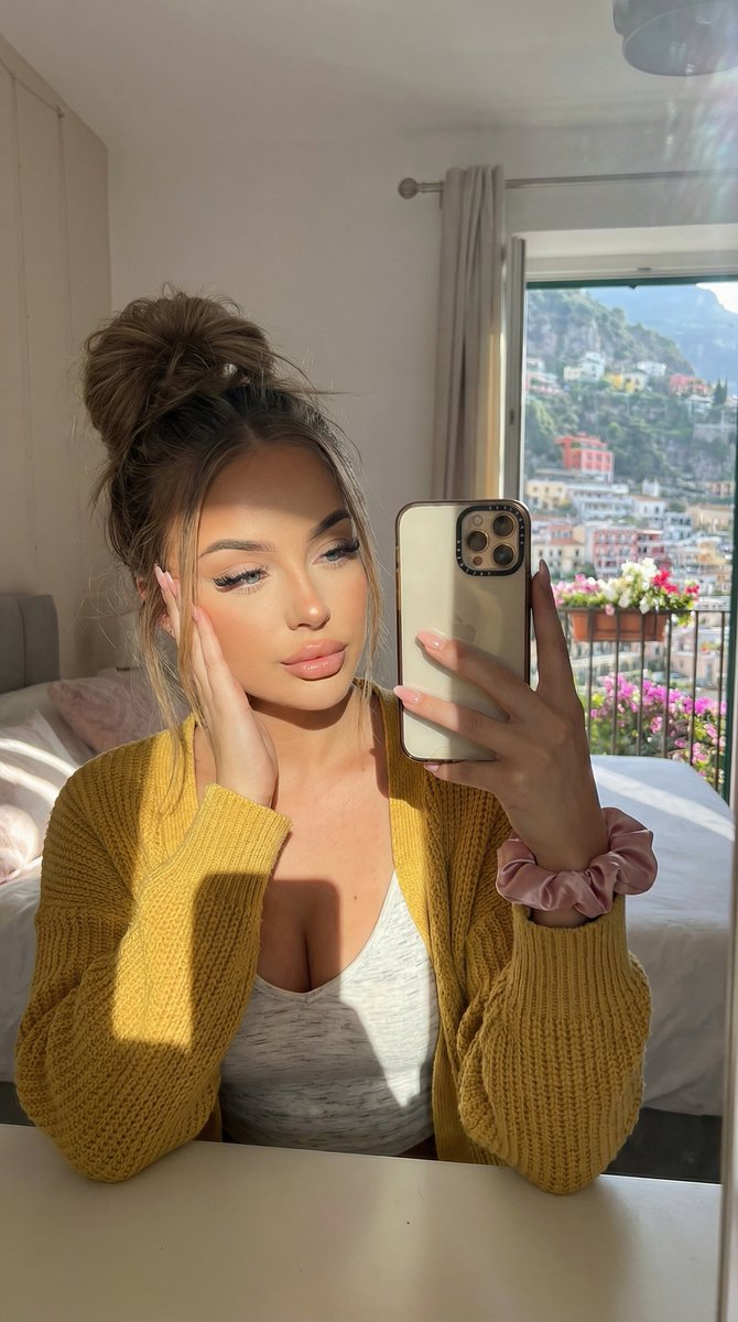 Dual Mirror Selfie Prompts (Red vs. Yellow Cardigan) — example 2