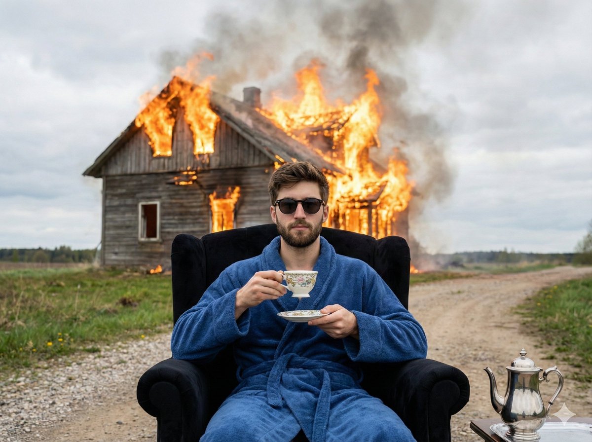 Documentary Photo of Man in Robe with Burning Farmhouse — example 1