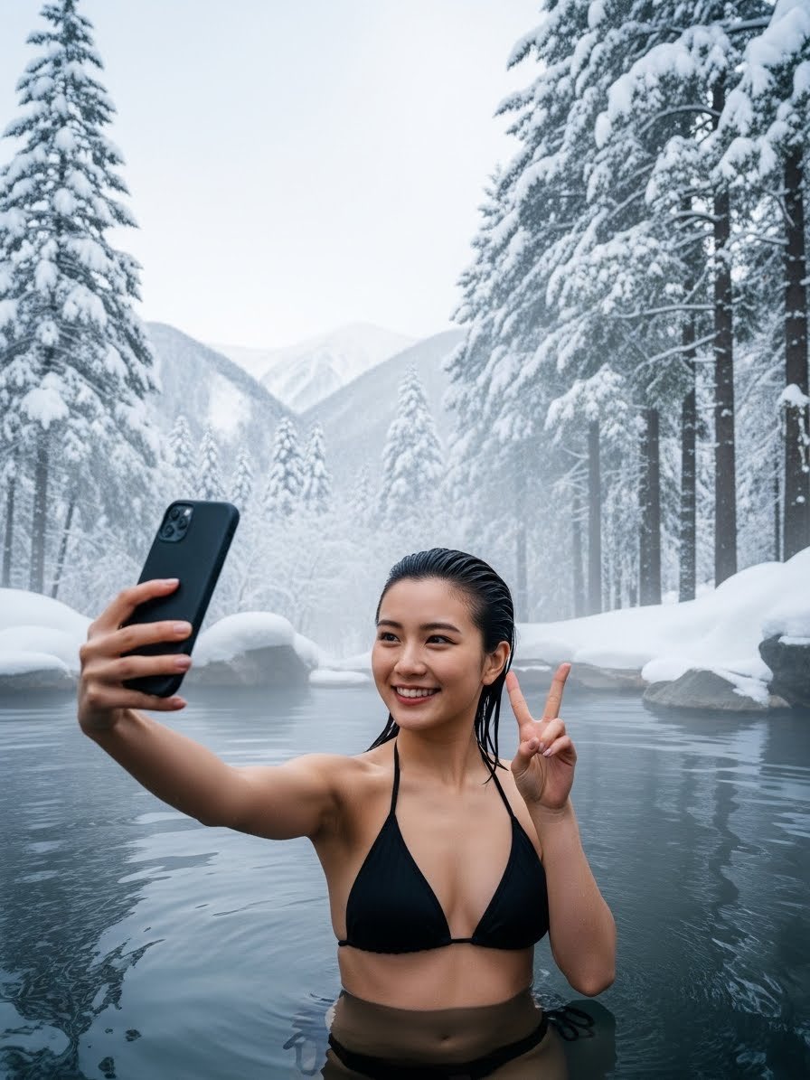 Photorealistic Japanese Female Influencer in Hot Spring — example 1